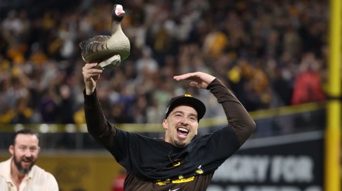 Blake Snell holding a fake goose.